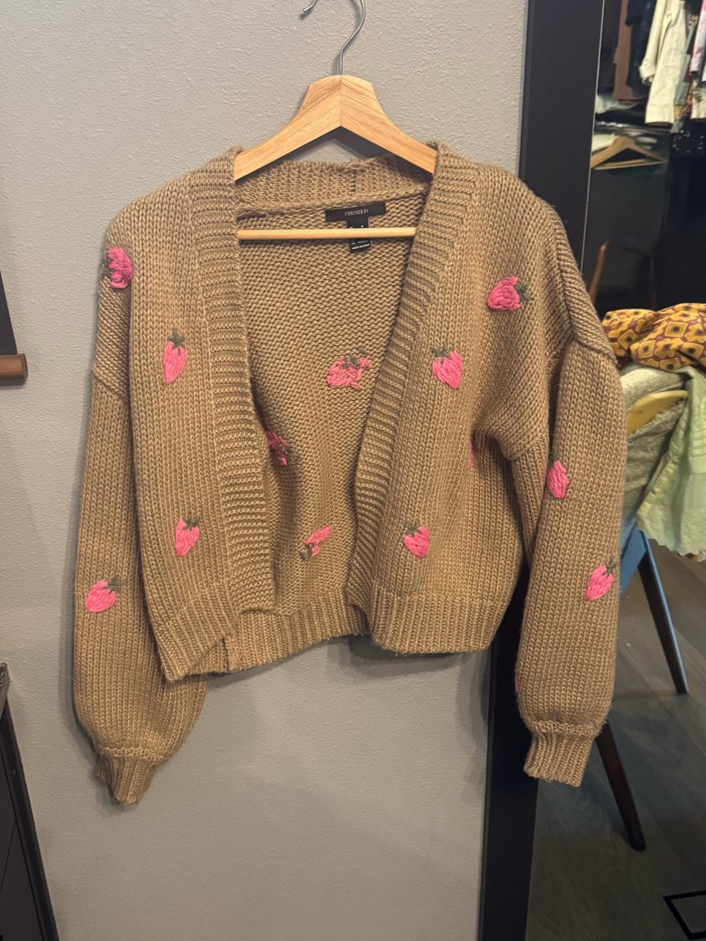 Forever 21 Chunky Tan Cardigan Sweater with Cute Pink Strawberry Embroidery 🍓 - Picture 6 of 14